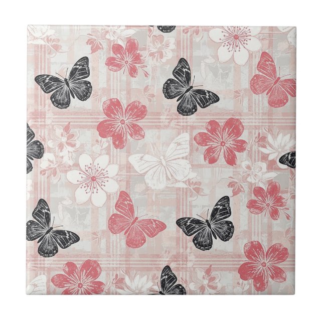 Vintage Botanical Butterfly Toile Pattern (3) Tile (Front)