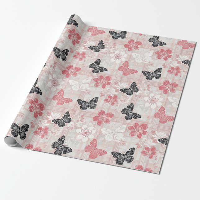 Vintage Botanical Butterfly Toile Pattern (3) Wrapping Paper (Unrolled)