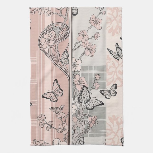 Vintage Botanical Butterfly Toile Pattern (4) Tea Towel (Vertical)