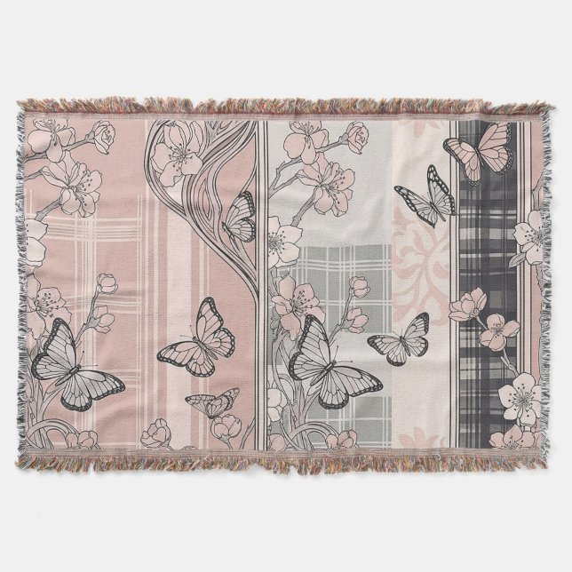 Vintage Botanical Butterfly Toile Pattern (4) Throw Blanket (Front)