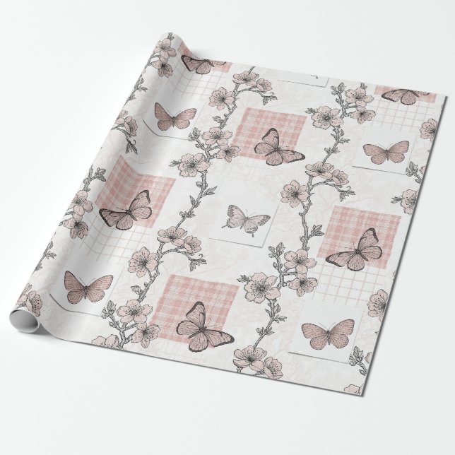 Vintage Botanical Butterfly Toile Pattern (4) Wrapping Paper (Unrolled)