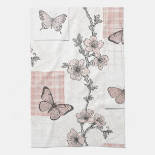 Vintage Botanical Butterfly Toile Pattern (5) Tea Towel