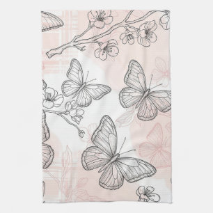 Vintage Botanical Butterfly Toile Pattern (6) Tea Towel