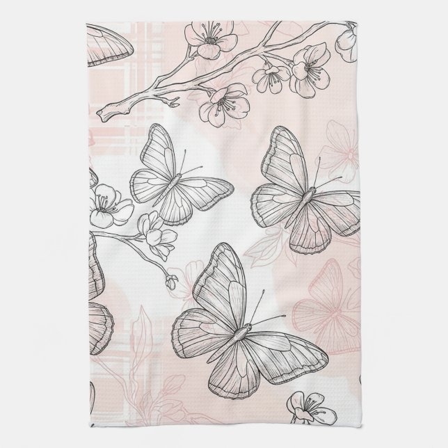 Vintage Botanical Butterfly Toile Pattern (6) Tea Towel (Vertical)