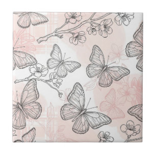 Vintage Botanical Butterfly Toile Pattern (6) Tile