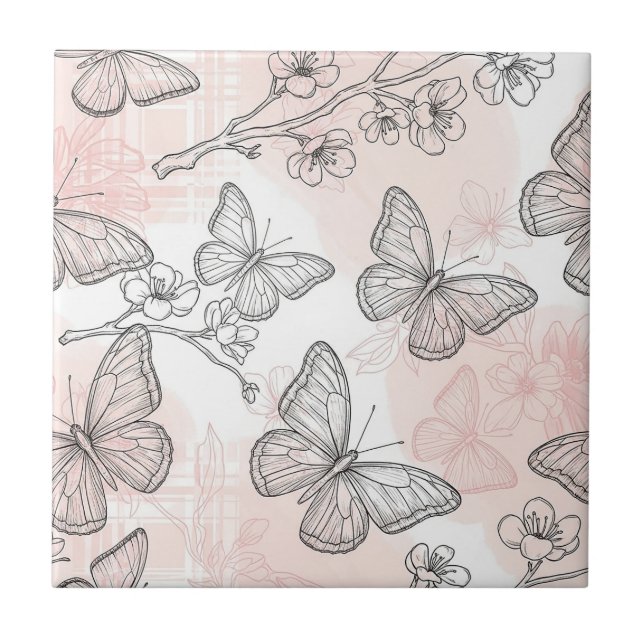 Vintage Botanical Butterfly Toile Pattern (6) Tile (Front)