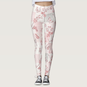 Vintage Botanical Butterfly Toile Pattern (7) Leggings