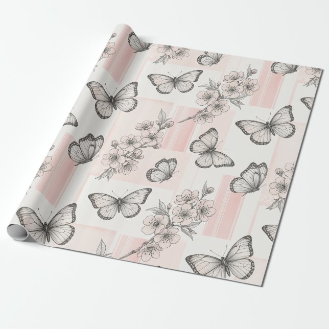 Vintage Botanical Butterfly Toile Pattern (7) Wrapping Paper (Unrolled)