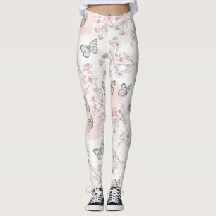 Vintage Botanical Butterfly Toile Pattern (8) Leggings