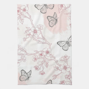 Vintage Botanical Butterfly Toile Pattern (8) Tea Towel
