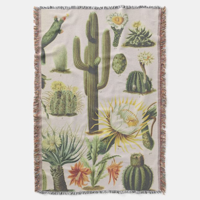 Vintage Botanical Cactus Illustration Throw Blanket (Front Vertical)