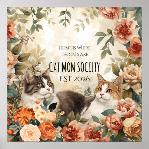 Vintage Botanical Cat Mum Society Floral Art Decor