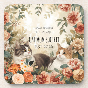 Vintage Botanical Cat Mum Society Floral Art Decor Coaster