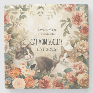 Vintage Botanical Cat Mum Society Floral Art Decor Stone Coaster