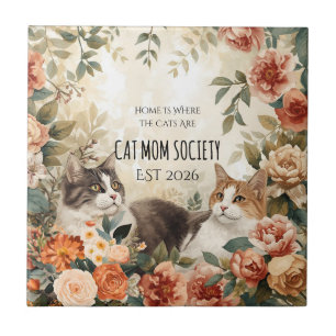 Vintage Botanical Cat Mum Society Floral Art Decor Tile