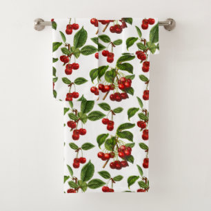 Vintage Botanical Cherries Print on White Bath Towel Set