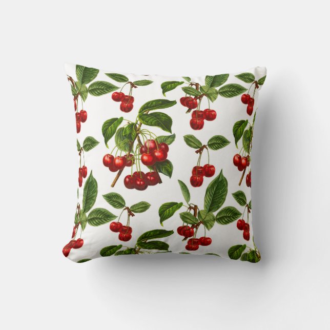 Vintage Botanical Cherries Print on White Cushion (Front)