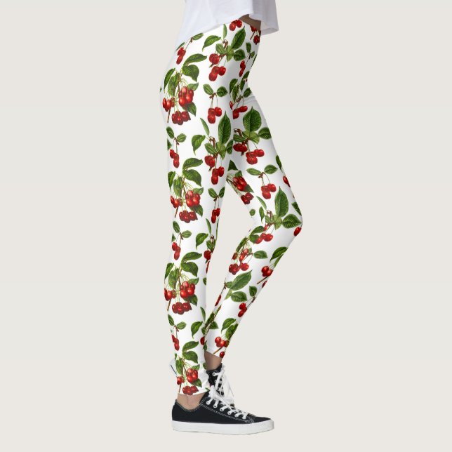 Vintage Botanical Cherries Print on White Leggings (Right)