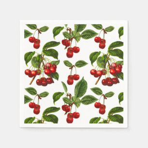 Vintage Botanical Cherries Print on White Napkin