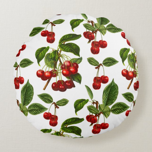 Vintage Botanical Cherries Print on White Round Cushion (Front)