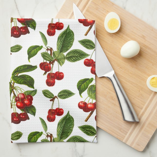 Vintage Botanical Cherries Print on White Tea Towel (Quarter Fold)
