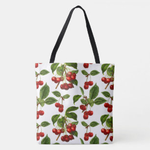 Vintage Botanical Cherries Print on White Tote Bag