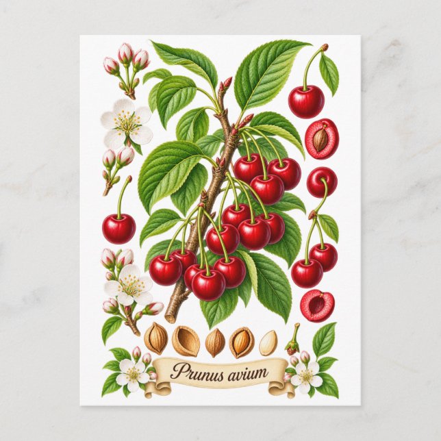 Vintage Botanical Cherry Illustration Postcard (Front)