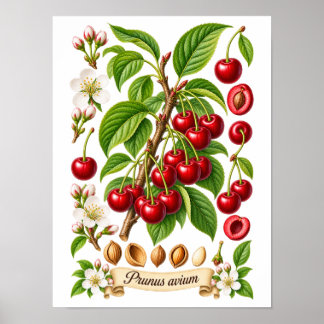 Vintage Botanical Cherry Illustration Poster