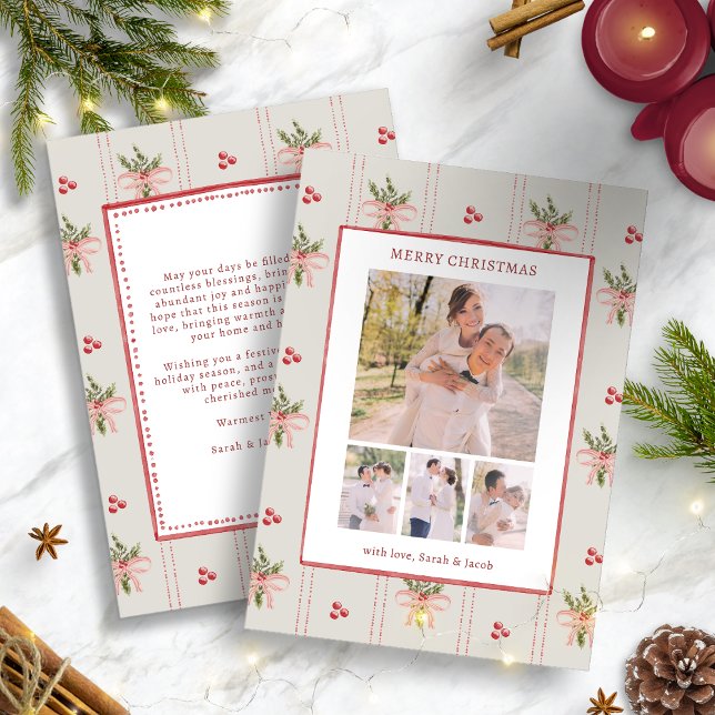 Vintage Botanical Christmas Card (Vintage Botanical Christmas Photo Card | Watercolor Holly, Berries & Bows by Painted Paperie)