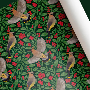 Vintage Botanical Christmas Waxwings Wrapping Paper