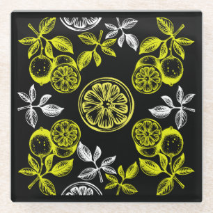 Vintage Botanical Citrus Lemon Print Glass Coaster