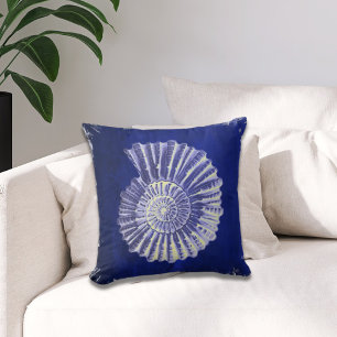 vintage botanical Coastal Blue White seashell Cushion