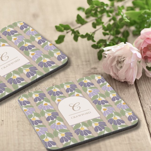 Vintage Botanical Coaster Set with Monogram (Monogrammed Floral Coaster By Blissful Learning)