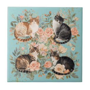 Vintage Botanical Cottagecore Cat Lover Gift Tile
