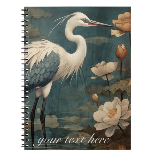 Vintage botanical crane and lotus customisable notebook (Front)