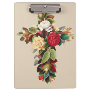 Vintage Botanical Cross of Roses Religious Art Clipboard