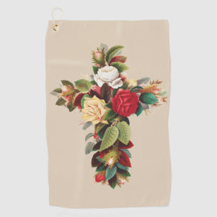 Vintage Botanical Cross of Roses Religious Art Golf Towel