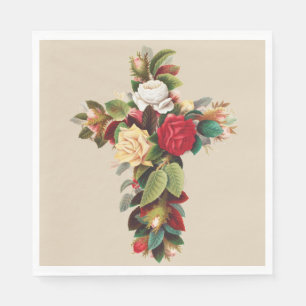 Vintage Botanical Cross of Roses Religious Art Napkin