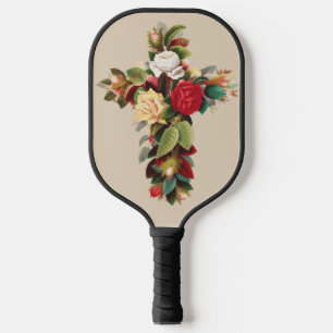 Vintage Botanical Cross of Roses Religious Art Pickleball Paddle