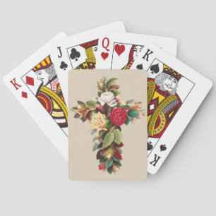 Vintage Botanical Cross of Roses Religious Art Playing Cards