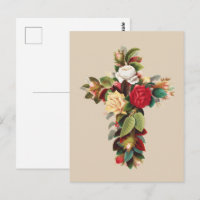 Vintage Botanical Cross of Roses Religious Art