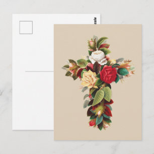 Vintage Botanical Cross of Roses Religious Art Postcard