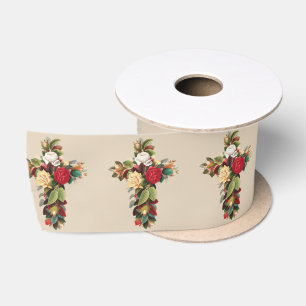 Vintage Botanical Cross of Roses Religious Art Satin Ribbon