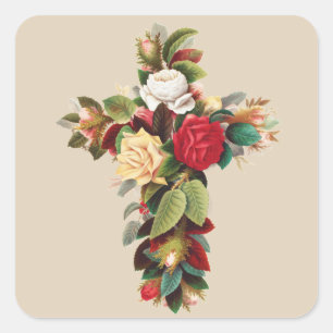 Vintage Botanical Cross of Roses Religious Art Square Sticker