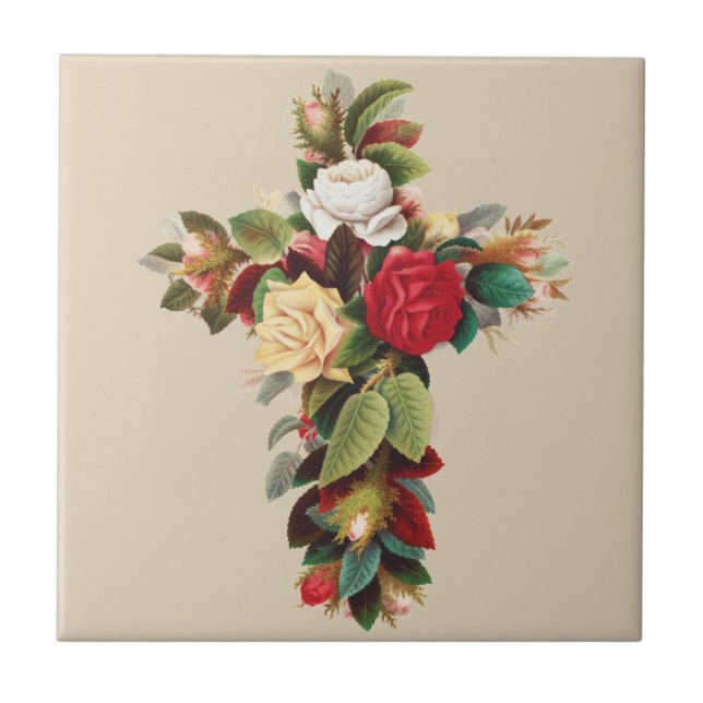 Vintage Botanical Cross of Roses Religious Art Tile (Front)