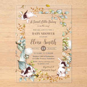 Vintage Botanical Cute Bunny Rabbits Baby Shower Acrylic Invitations