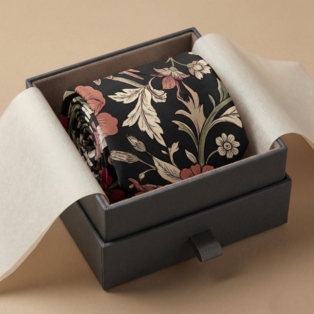 Vintage Botanical Dark Background Tie (#MensFashion
#LuxuryStyle
#Necktie
#FloralTie
#VictorianStyle
#BotanicalPattern
#DarkFloral
#Elegant)