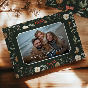 Vintage Botanical Dark Green Family Photo Xmas Holiday Card