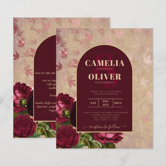 Vintage Botanical Deep Red Roses Wedding Gold Text (Front/Back)