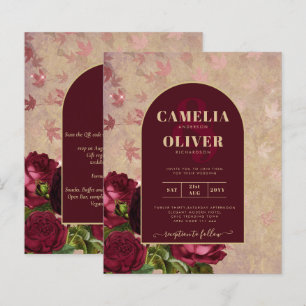 Vintage Botanical Deep Red Roses Wedding Gold Text